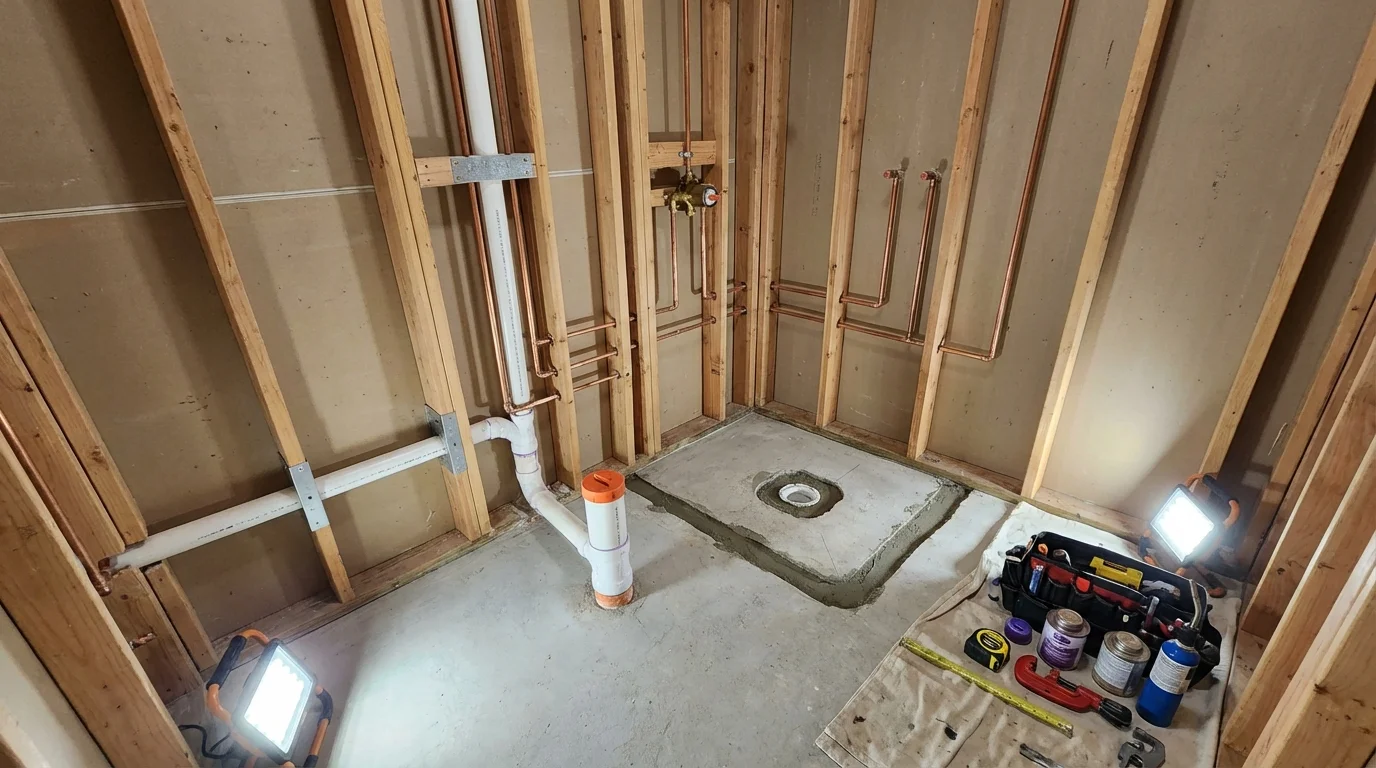 Bathroom rough-in plumbing during remodel by Johns Plumbing LLC in Foothill Ranch
