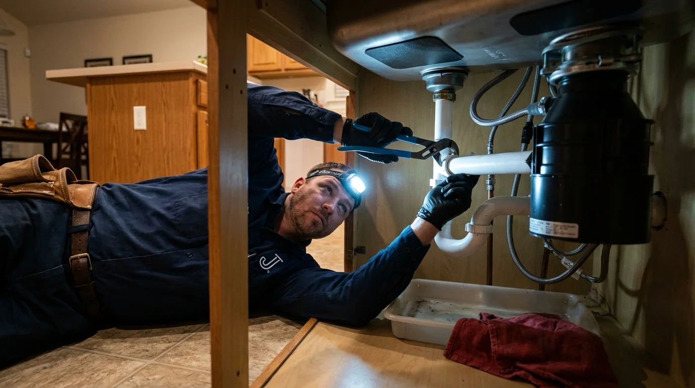 P-trap and supply line connections under a kitchen sink showing a common leak point in Foothill Ranch, CA